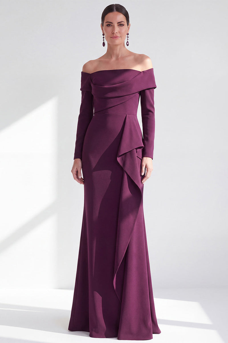 Load image into Gallery viewer, Dark Red Ruched Ruffled Mermaid Long Sleeves Mother of the Bride Dress