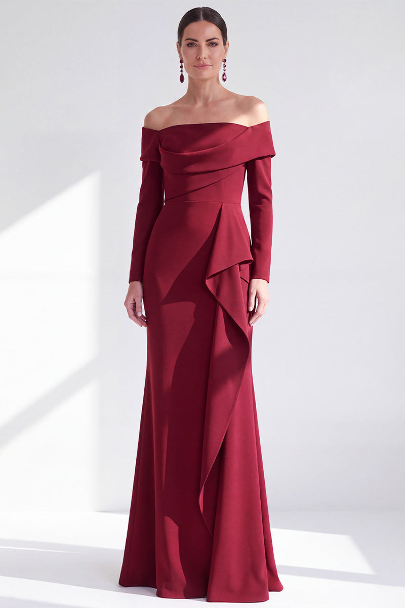 Load image into Gallery viewer, Dark Red Ruched Ruffled Mermaid Long Sleeves Mother of the Bride Dress