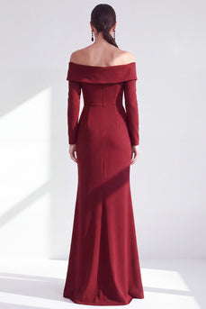 Dark Red Ruched Ruffled Mermaid Long Sleeves Mother of the Bride Dress