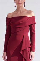 Load image into Gallery viewer, Dark Red Ruched Ruffled Mermaid Long Sleeves Mother of the Bride Dress