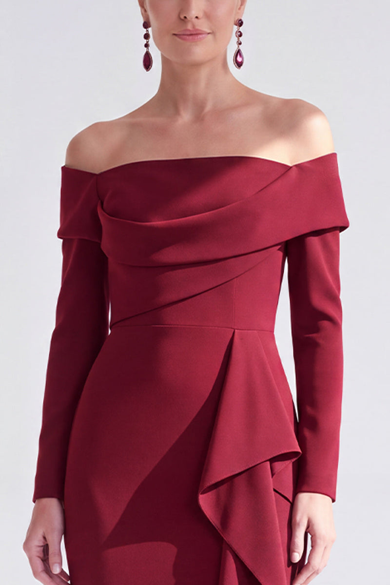 Load image into Gallery viewer, Dark Red Ruched Ruffled Mermaid Long Sleeves Mother of the Bride Dress