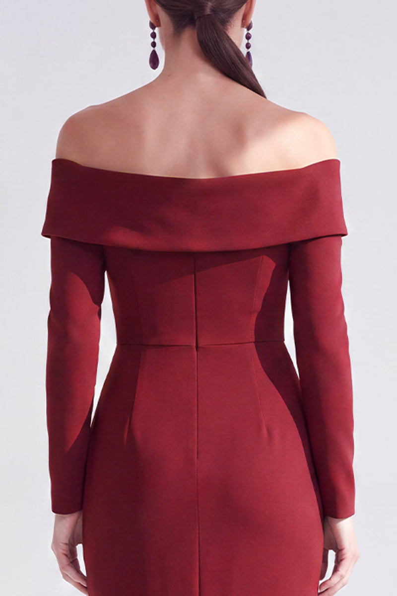 Load image into Gallery viewer, Dark Red Ruched Ruffled Mermaid Long Sleeves Mother of the Bride Dress