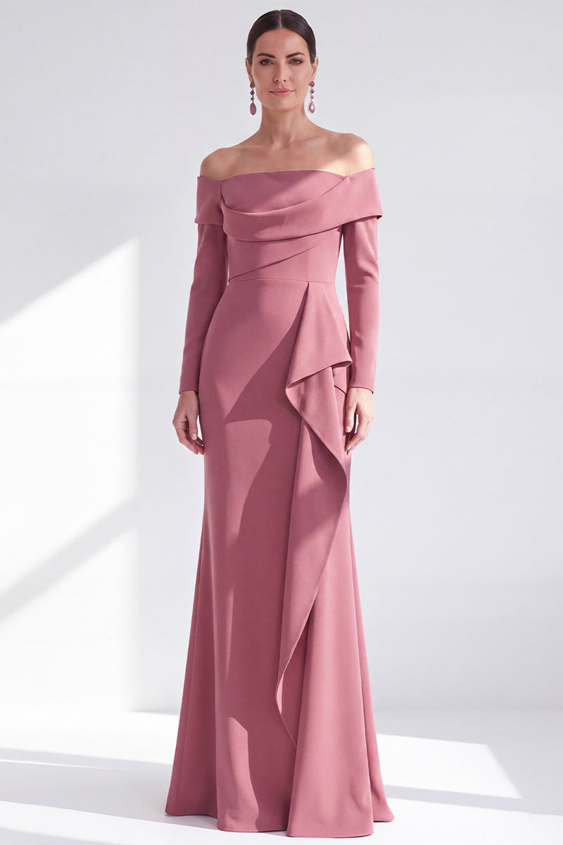 Load image into Gallery viewer, Dark Red Ruched Ruffled Mermaid Long Sleeves Mother of the Bride Dress