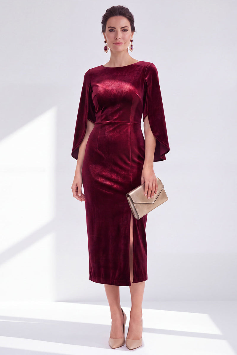 Load image into Gallery viewer, Dark Green Velvet Boat Neck Bodycon Midi Mother of the Bride Dress with Slit