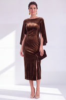 Load image into Gallery viewer, Dark Green Velvet Boat Neck Bodycon Midi Mother of the Bride Dress with Slit
