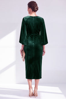Dark Green Velvet Boat Neck Bodycon Midi Mother of the Bride Dress with Slit