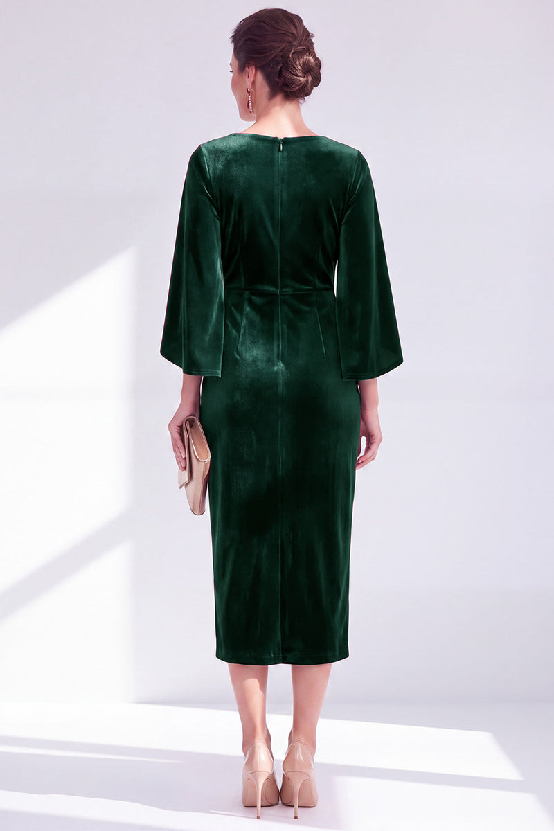 Load image into Gallery viewer, Dark Green Velvet Boat Neck Bodycon Midi Mother of the Bride Dress with Slit