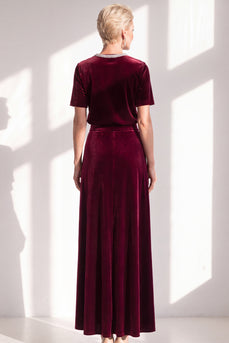 Burgundy Velvet Sparkly A Line Beaded Long Mother of the Bride Dress with Sleeves