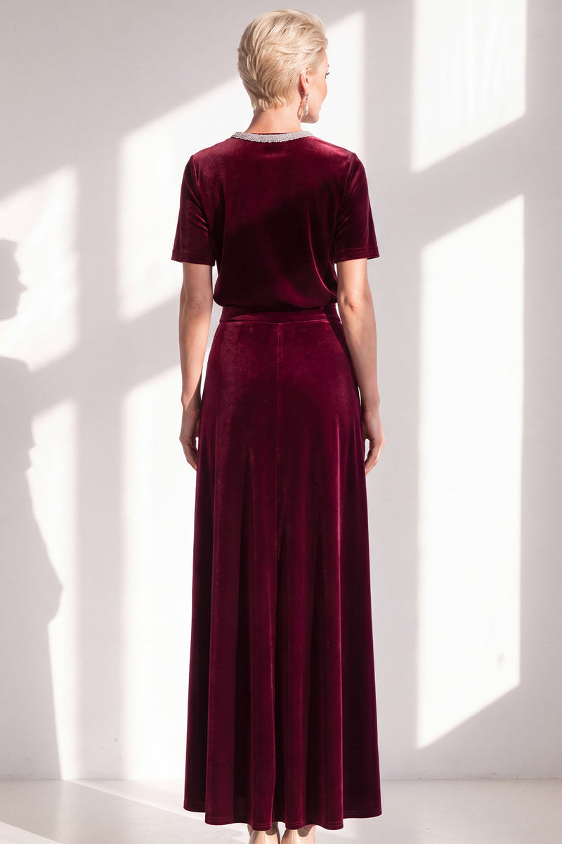 Load image into Gallery viewer, Burgundy Velvet Sparkly A Line Beaded Long Mother of the Bride Dress with Sleeves