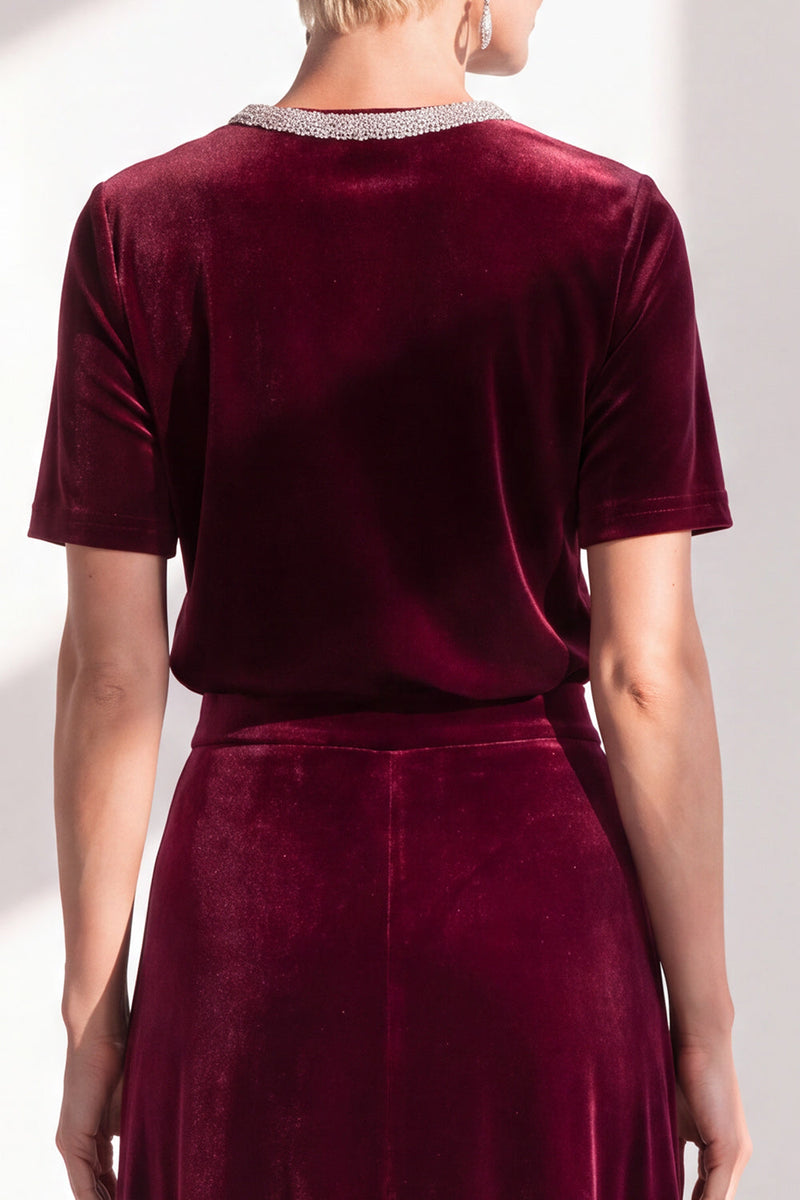 Load image into Gallery viewer, Burgundy Velvet Sparkly A Line Beaded Long Mother of the Bride Dress with Sleeves