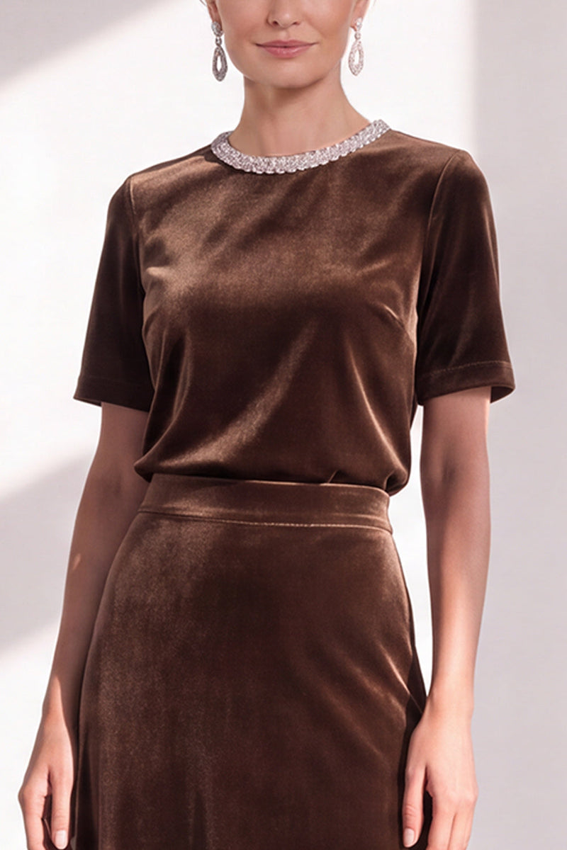 Load image into Gallery viewer, Burgundy Velvet Sparkly A Line Beaded Long Mother of the Bride Dress with Sleeves