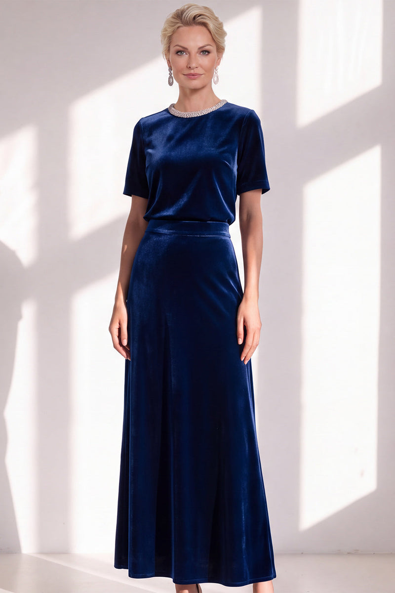 Load image into Gallery viewer, Burgundy Velvet Sparkly A Line Beaded Long Mother of the Bride Dress with Sleeves