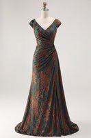 Load image into Gallery viewer, Dark Green V-NeckFloral  Ruched Long Velvet Evening Dress with Sleeves