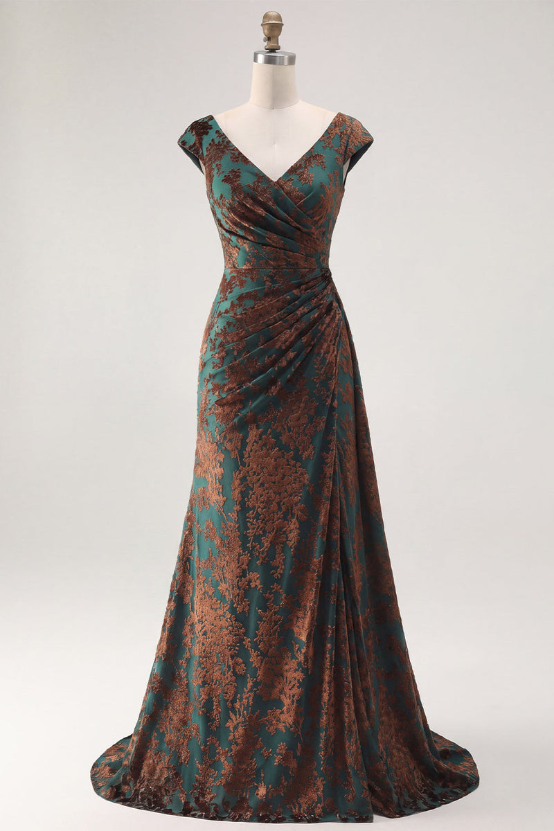 Load image into Gallery viewer, Dark Green V-NeckFloral  Ruched Long Velvet Evening Dress with Sleeves