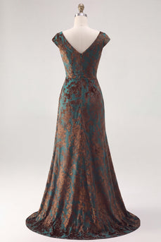 Dark Green V-NeckFloral  Ruched Long Velvet Evening Dress with Sleeves