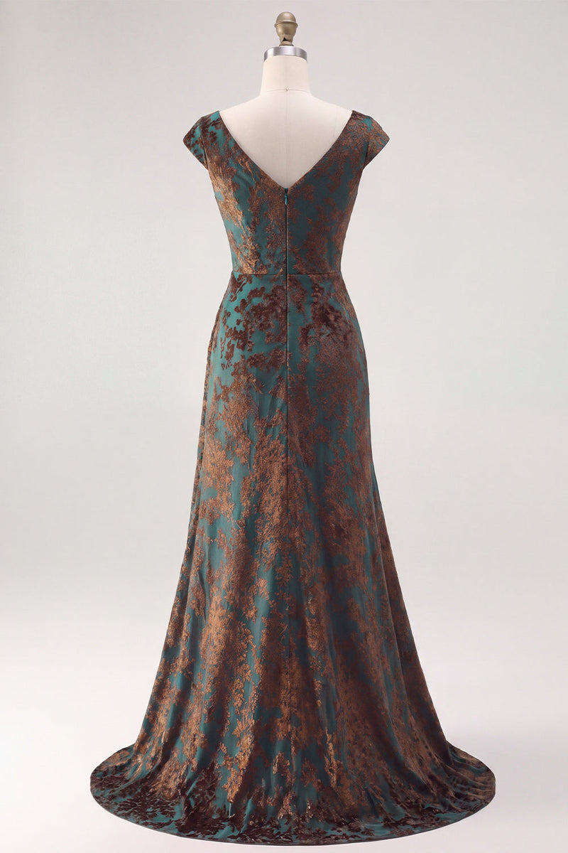 Load image into Gallery viewer, Dark Green V-NeckFloral  Ruched Long Velvet Evening Dress with Sleeves