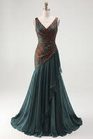 Load image into Gallery viewer, Dark Green Mermaid Floral Ruched V-Neck Long Velvet Evening Dress