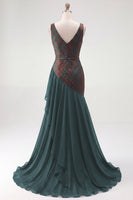 Load image into Gallery viewer, Dark Green Mermaid Floral Ruched V-Neck Long Velvet Evening Dress