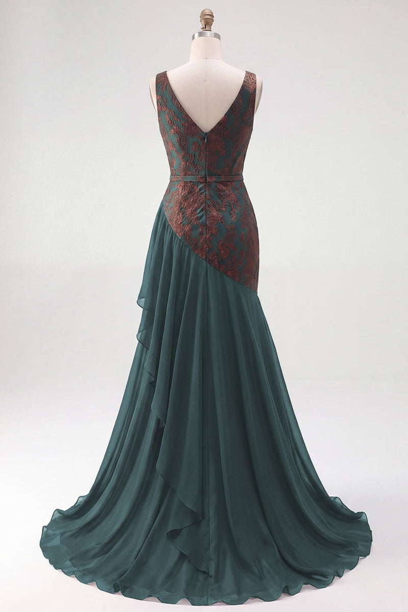 Load image into Gallery viewer, Dark Green Mermaid Floral Ruched V-Neck Long Velvet Evening Dress