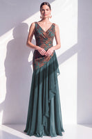 Load image into Gallery viewer, Dark Green Mermaid Floral Ruched V-Neck Long Velvet Evening Dress