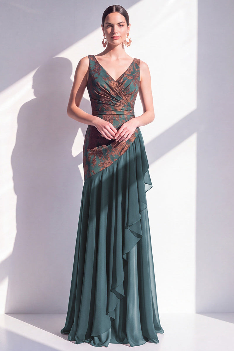 Load image into Gallery viewer, Dark Green Mermaid Floral Ruched V-Neck Long Velvet Evening Dress