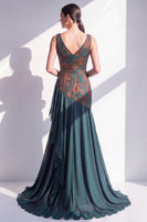 Load image into Gallery viewer, Dark Green Mermaid Floral Ruched V-Neck Long Velvet Evening Dress