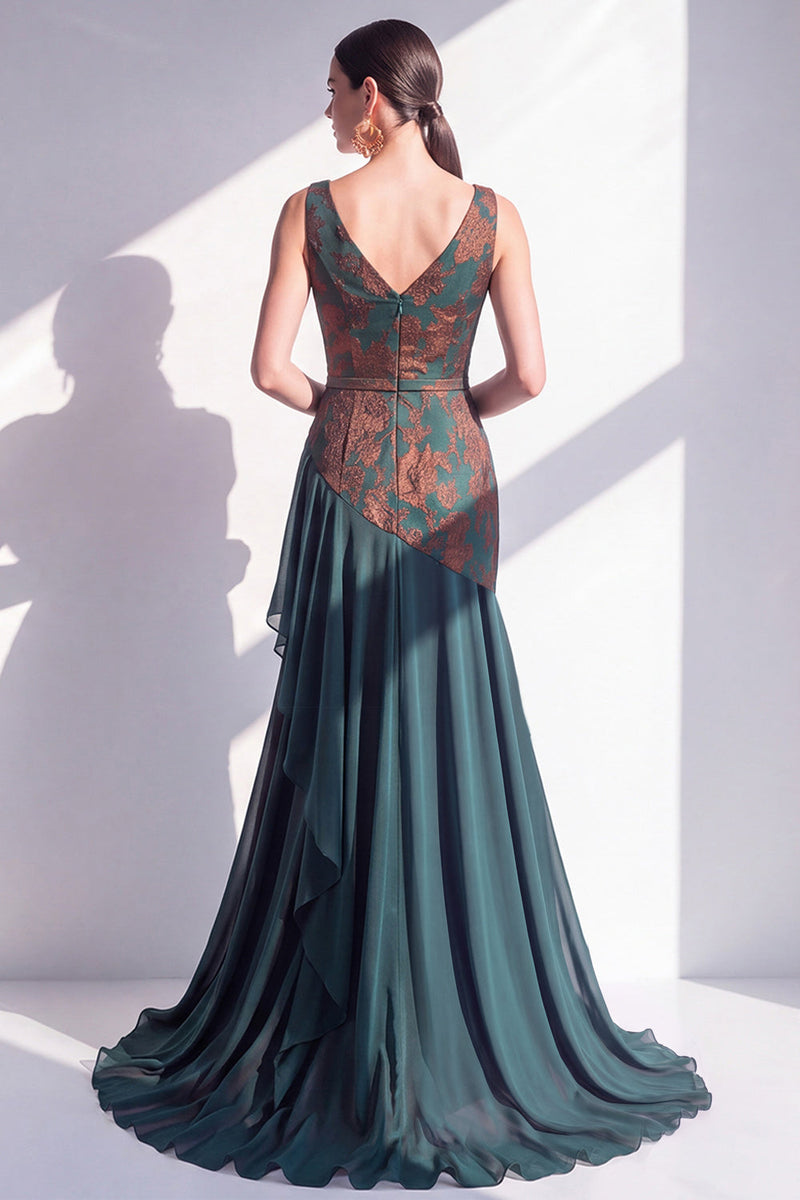 Load image into Gallery viewer, Dark Green Mermaid Floral Ruched V-Neck Long Velvet Evening Dress