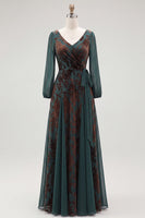 Load image into Gallery viewer, Floral Dark Green Velvet V-Neck Ruched Long Sleeves Evening Dress with Sash