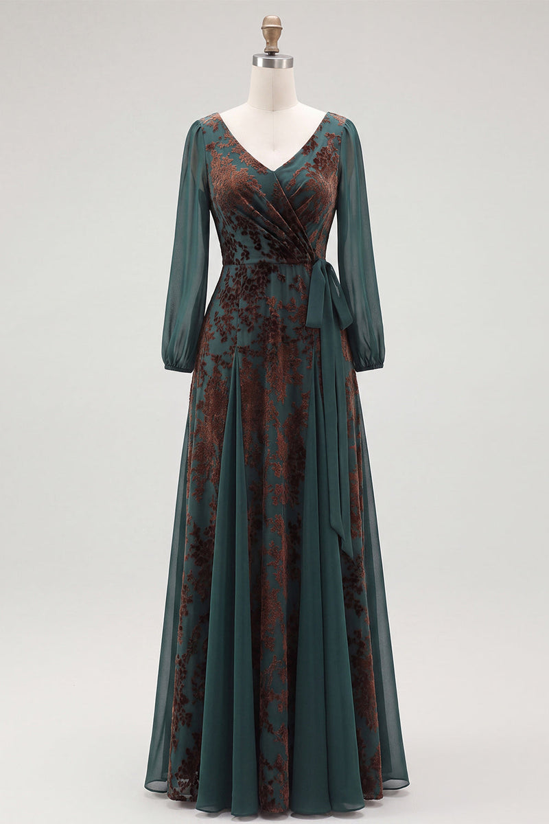 Load image into Gallery viewer, Floral Dark Green Velvet V-Neck Ruched Long Sleeves Evening Dress with Sash