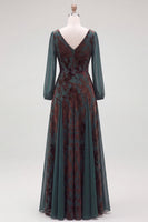 Load image into Gallery viewer, Floral Dark Green Velvet V-Neck Ruched Long Sleeves Evening Dress with Sash