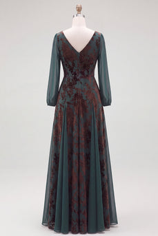Floral Dark Green Velvet V-Neck Ruched Long Sleeves Evening Dress with Sash