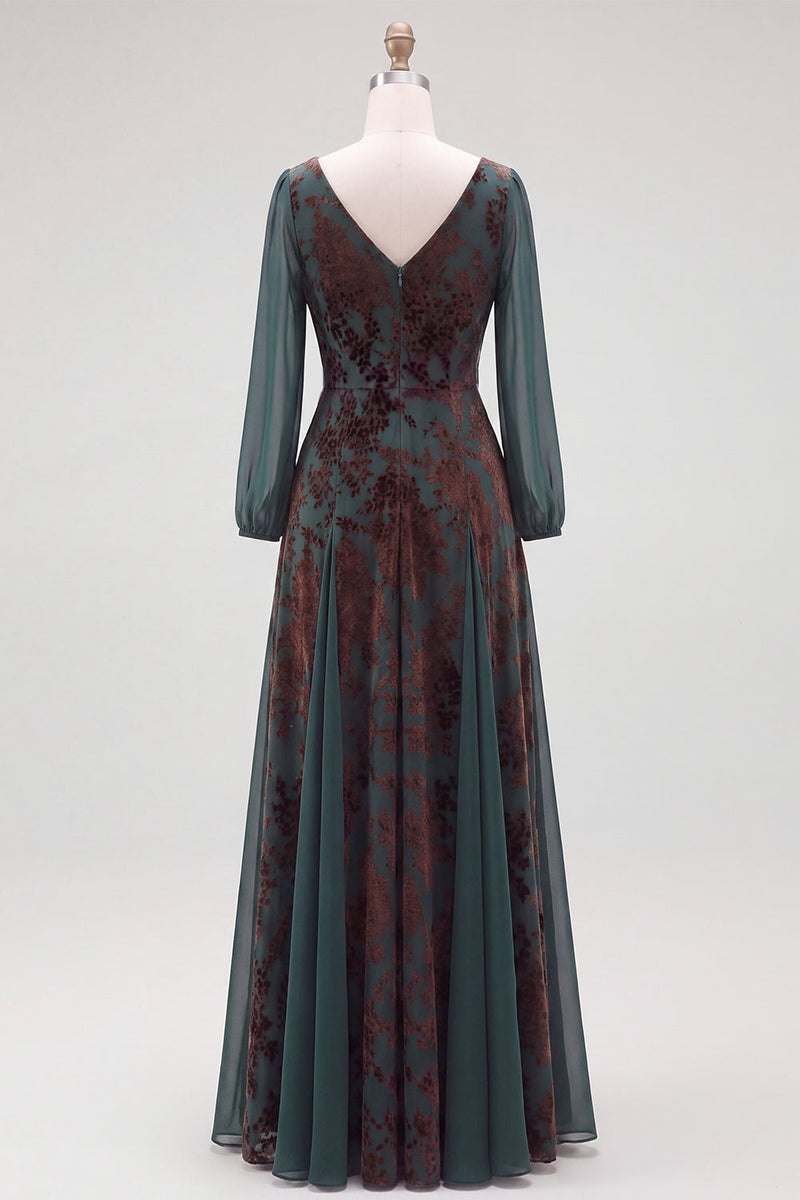 Load image into Gallery viewer, Floral Dark Green Velvet V-Neck Ruched Long Sleeves Evening Dress with Sash
