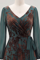 Load image into Gallery viewer, Floral Dark Green Velvet V-Neck Ruched Long Sleeves Evening Dress with Sash