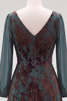 Load image into Gallery viewer, Floral Dark Green Velvet V-Neck Ruched Long Sleeves Evening Dress with Sash