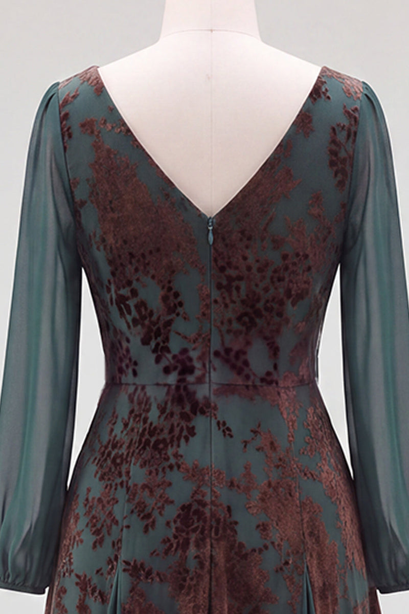 Load image into Gallery viewer, Floral Dark Green Velvet V-Neck Ruched Long Sleeves Evening Dress with Sash
