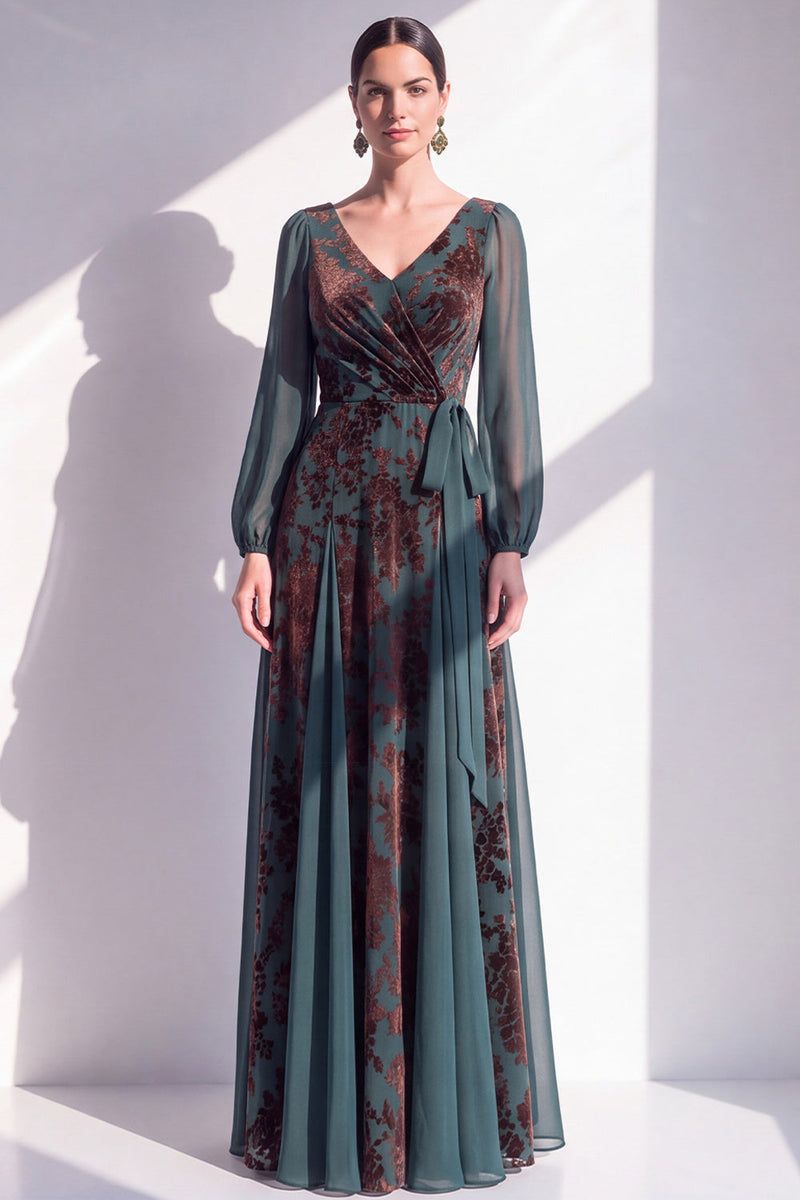Load image into Gallery viewer, Floral Dark Green Velvet V-Neck Ruched Long Sleeves Evening Dress with Sash