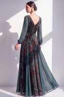 Load image into Gallery viewer, Floral Dark Green Velvet V-Neck Ruched Long Sleeves Evening Dress with Sash