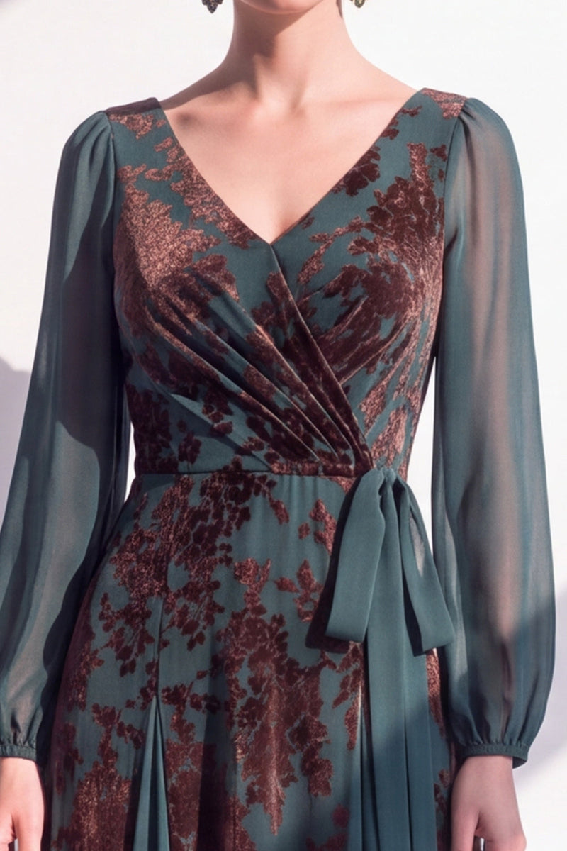 Load image into Gallery viewer, Floral Dark Green Velvet V-Neck Ruched Long Sleeves Evening Dress with Sash