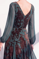 Load image into Gallery viewer, Floral Dark Green Velvet V-Neck Ruched Long Sleeves Evening Dress with Sash