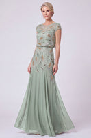 Load image into Gallery viewer, Green Beaded A Line Chiffon Cap Sleeves Long Mother of the Bride Dress