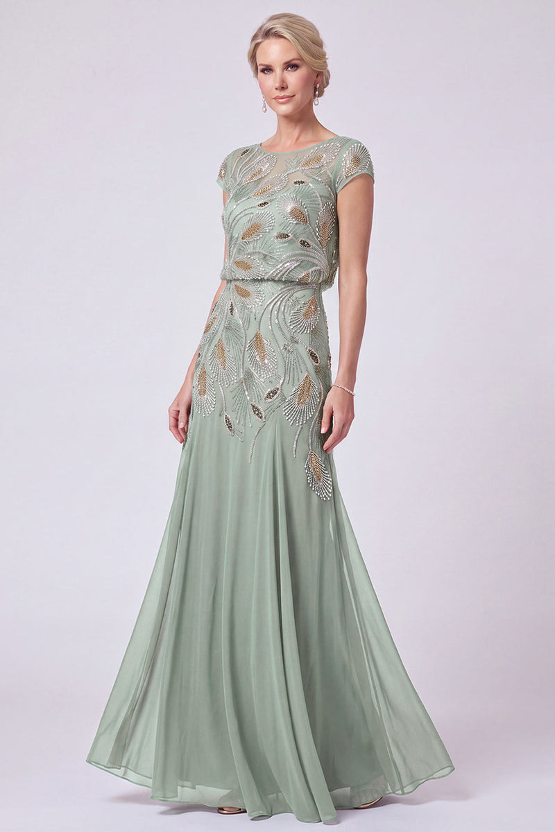 Load image into Gallery viewer, Green Beaded A Line Chiffon Cap Sleeves Long Mother of the Bride Dress