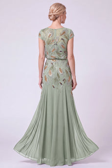 Green Beaded A Line Chiffon Cap Sleeves Long Mother of the Bride Dress