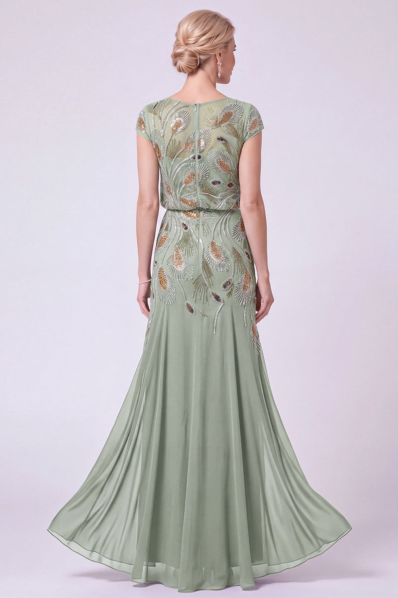 Load image into Gallery viewer, Green Beaded A Line Chiffon Cap Sleeves Long Mother of the Bride Dress