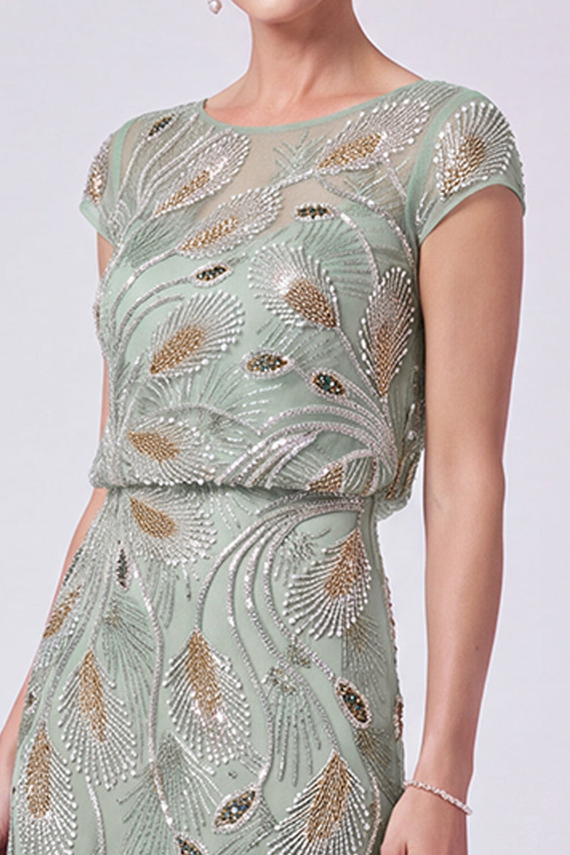 Load image into Gallery viewer, Green Beaded A Line Chiffon Cap Sleeves Long Mother of the Bride Dress