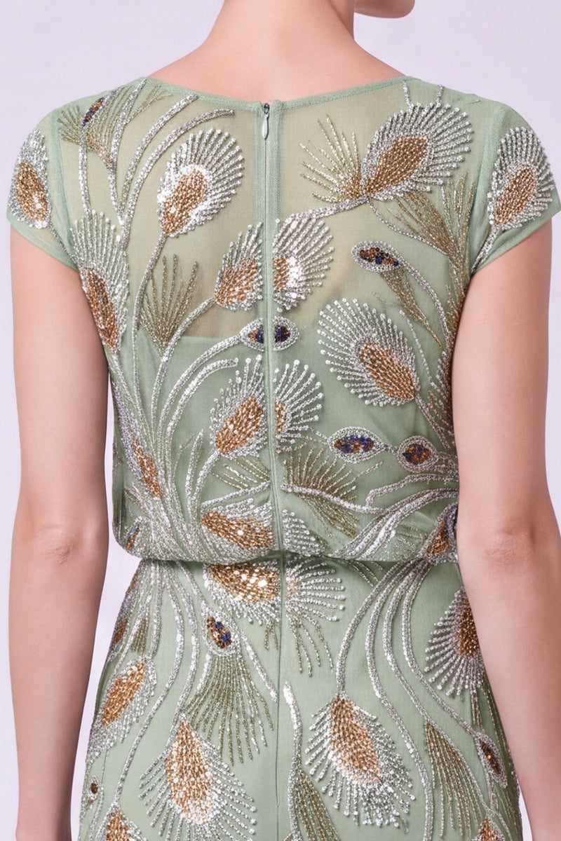 Load image into Gallery viewer, Green Beaded A Line Chiffon Cap Sleeves Long Mother of the Bride Dress