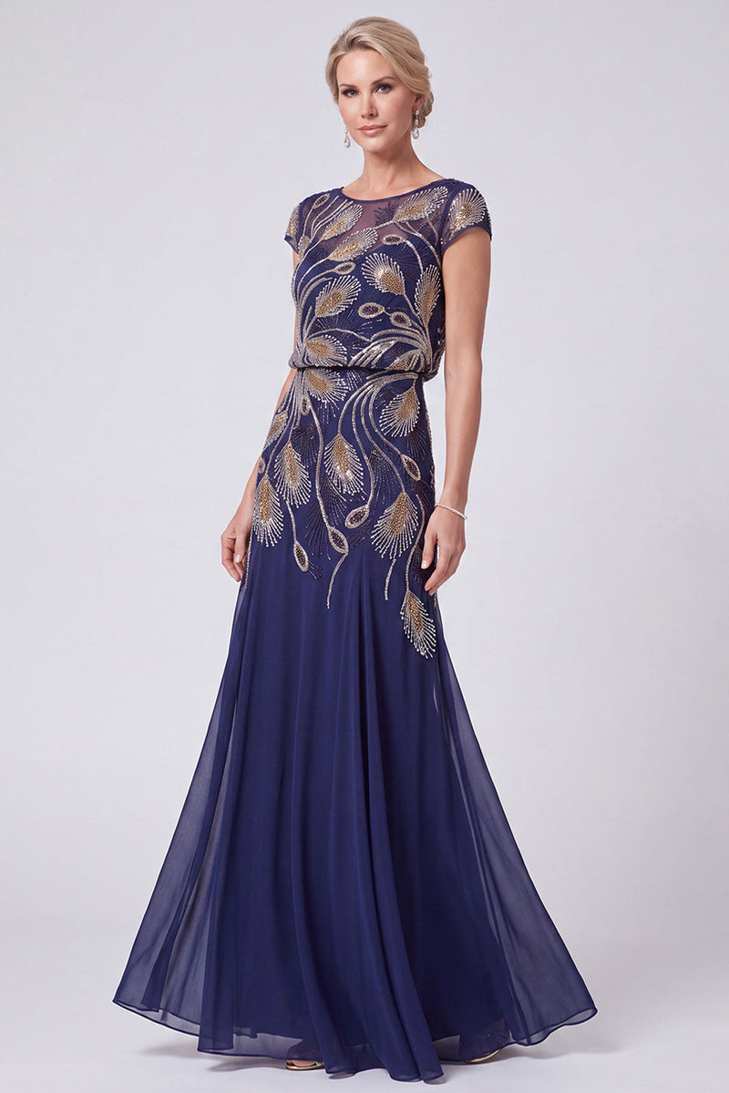 Load image into Gallery viewer, Green Beaded A Line Chiffon Cap Sleeves Long Mother of the Bride Dress