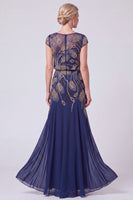 Load image into Gallery viewer, Green Beaded A Line Chiffon Cap Sleeves Long Mother of the Bride Dress