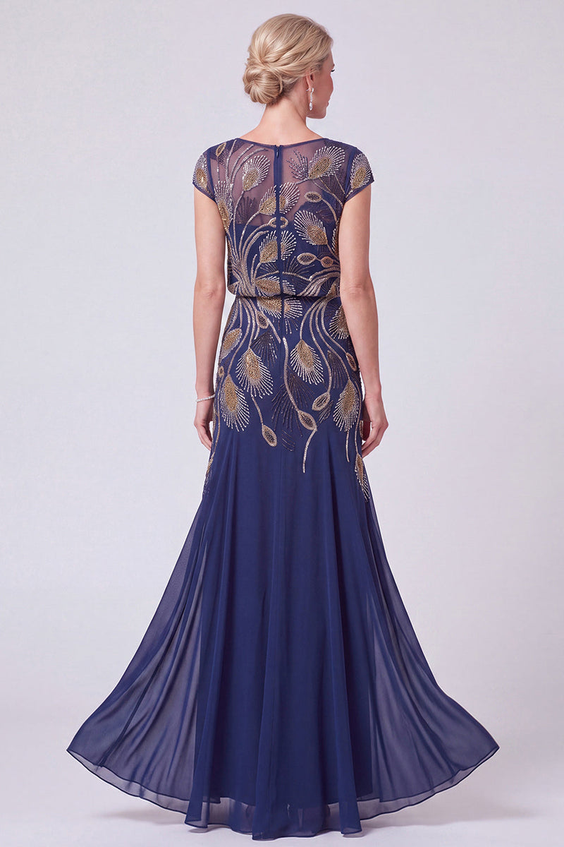 Load image into Gallery viewer, Green Beaded A Line Chiffon Cap Sleeves Long Mother of the Bride Dress