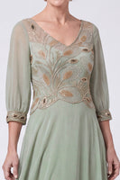 Load image into Gallery viewer, Navy Chiffon A Line V-Neck Sparkly Beaded Long Mother of the Bride Dress with Sleeves