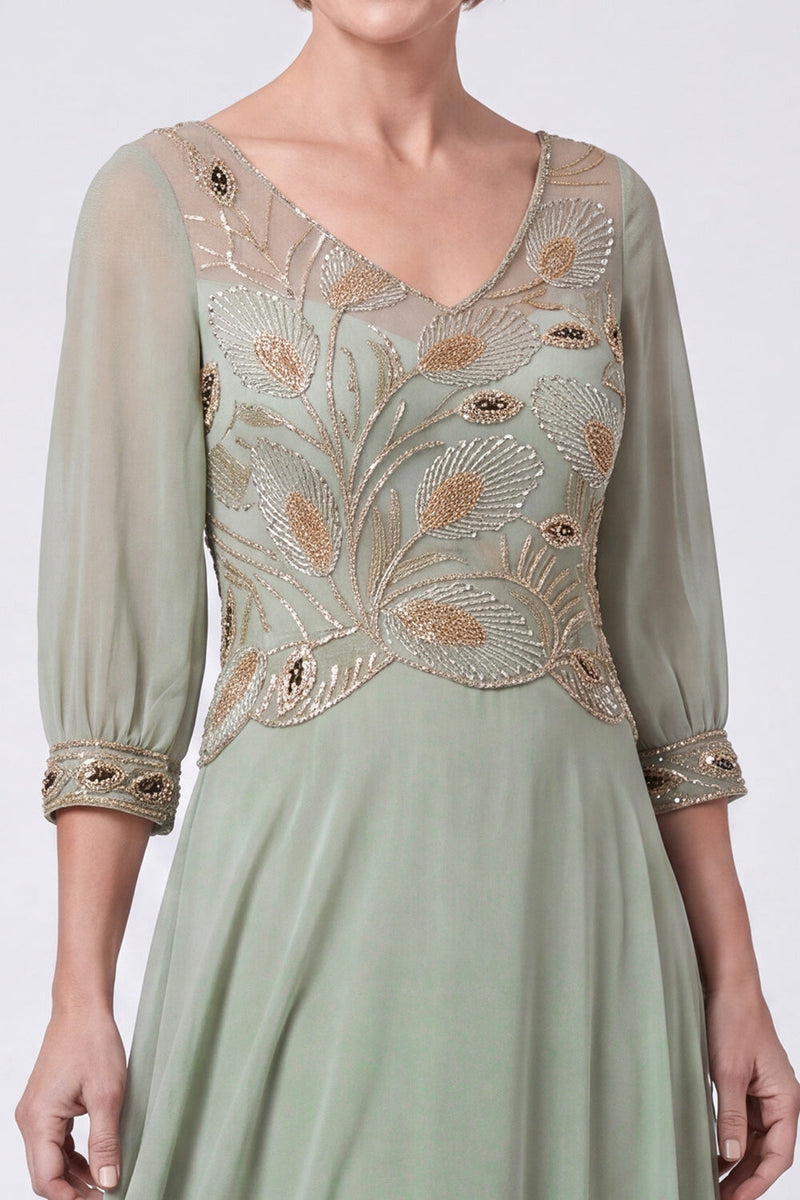 Load image into Gallery viewer, Navy Chiffon A Line V-Neck Sparkly Beaded Long Mother of the Bride Dress with Sleeves